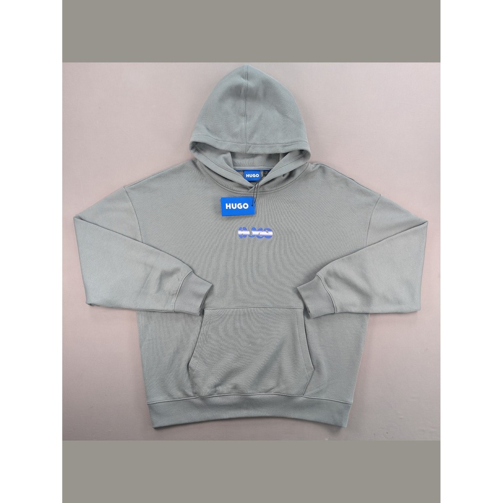 NWT HUGO Niftyhugo XL Oversized Logo Graphic Pullover Hoodie Gray Blue